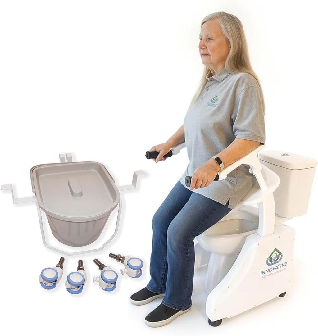 EaseLift Powered Toilet Lift Bedside Commode Kit Incl Electric Height Adjustable Elevated Seat Riser 440lbs Capacity Rechargeable Battery Incl
