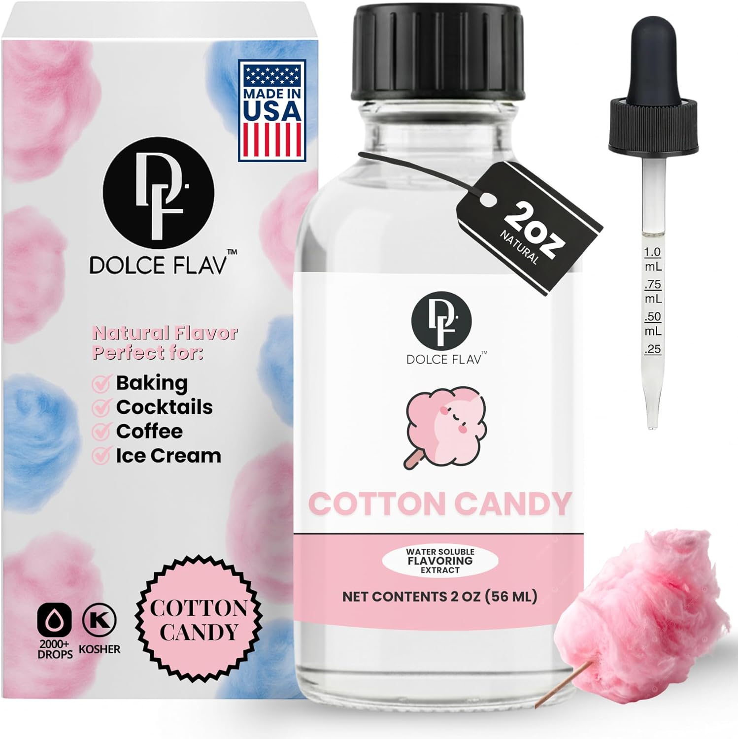 Dolce Flav Natural Cotton Candy Extract – 2 Ounce Water-Soluble Kosher, Sugar-Free, Concentrated Carnival-Style Flavoring for Baking, Frostings & Drinks, Includes Measured Dropper