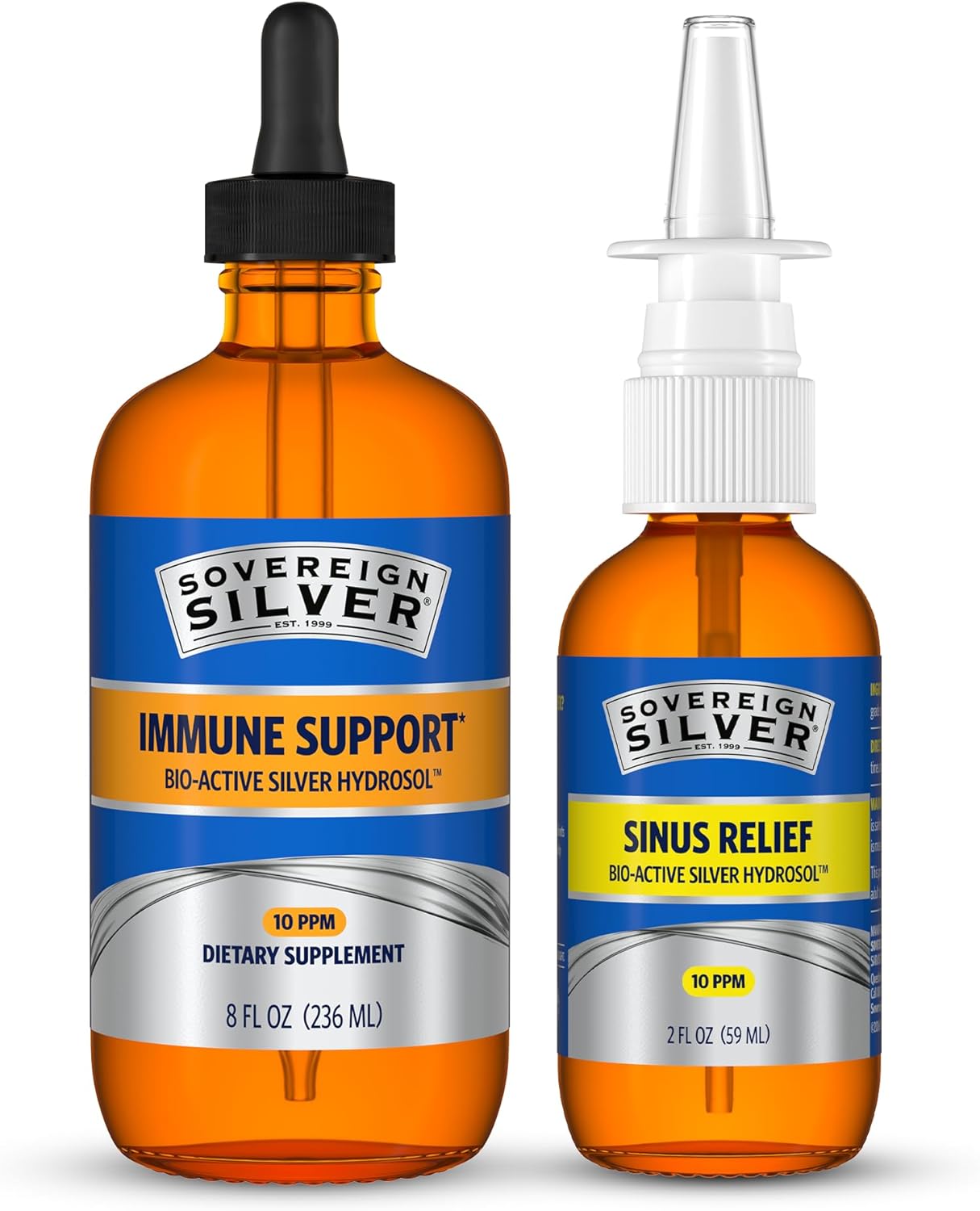 Sovereign Silver Immune Support + Natural Nasal Spray Bundle, Colloidal Silver Bio-Active Hydrosol 10 PPM, 8 Fl Oz Immune Support with Liquid Dropper & 2 Fl Oz Sinus Care Duo Pack