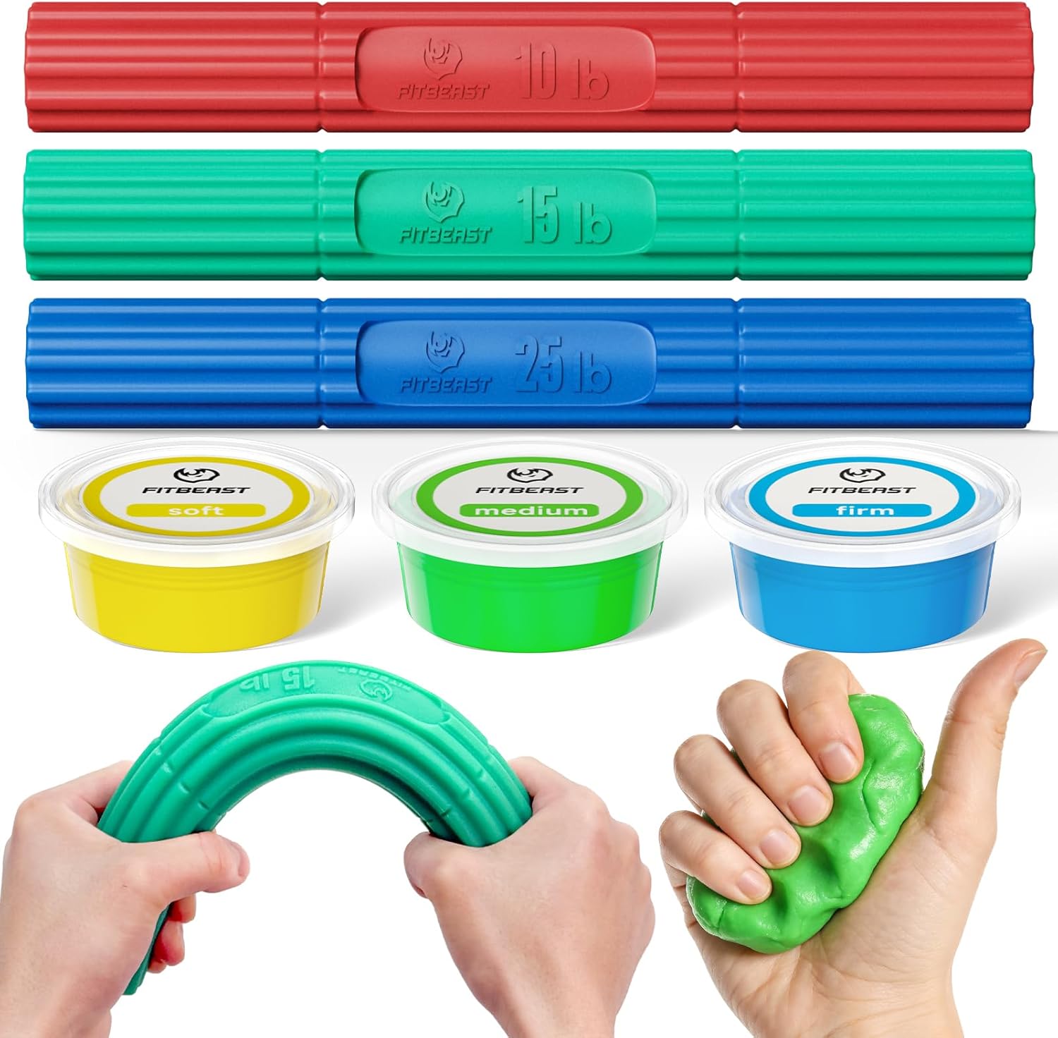 FitBeast Flex Therapy Bars and Therapy Putty Set, Hand Therapy and Grip Strength Training for Finger, Wrist & Forearm Exercise