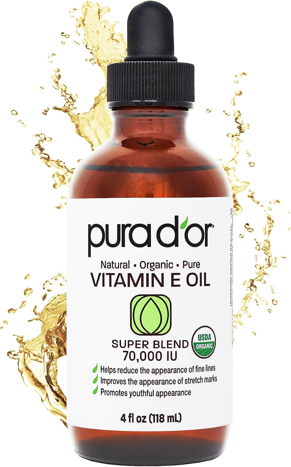 PURA D'OR 4 Oz Organic Vitamin E Oil 70,000 IU, USDA Certified Face, Body, Hair & Bath Oil with Argan, Jojoba, Rosehip, Apricot, Almond & Avocado, Lightweight Moisturizing Blend for Soft, Smooth Skin