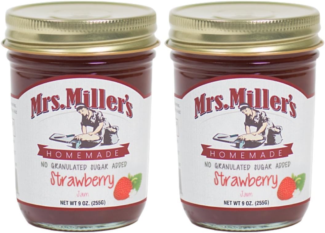 Mrs. Miller's Amish Homemade Strawberry No Granulated Sugar Added Jam 9 Ounces - Pack of 2 (No Corn Sugar)