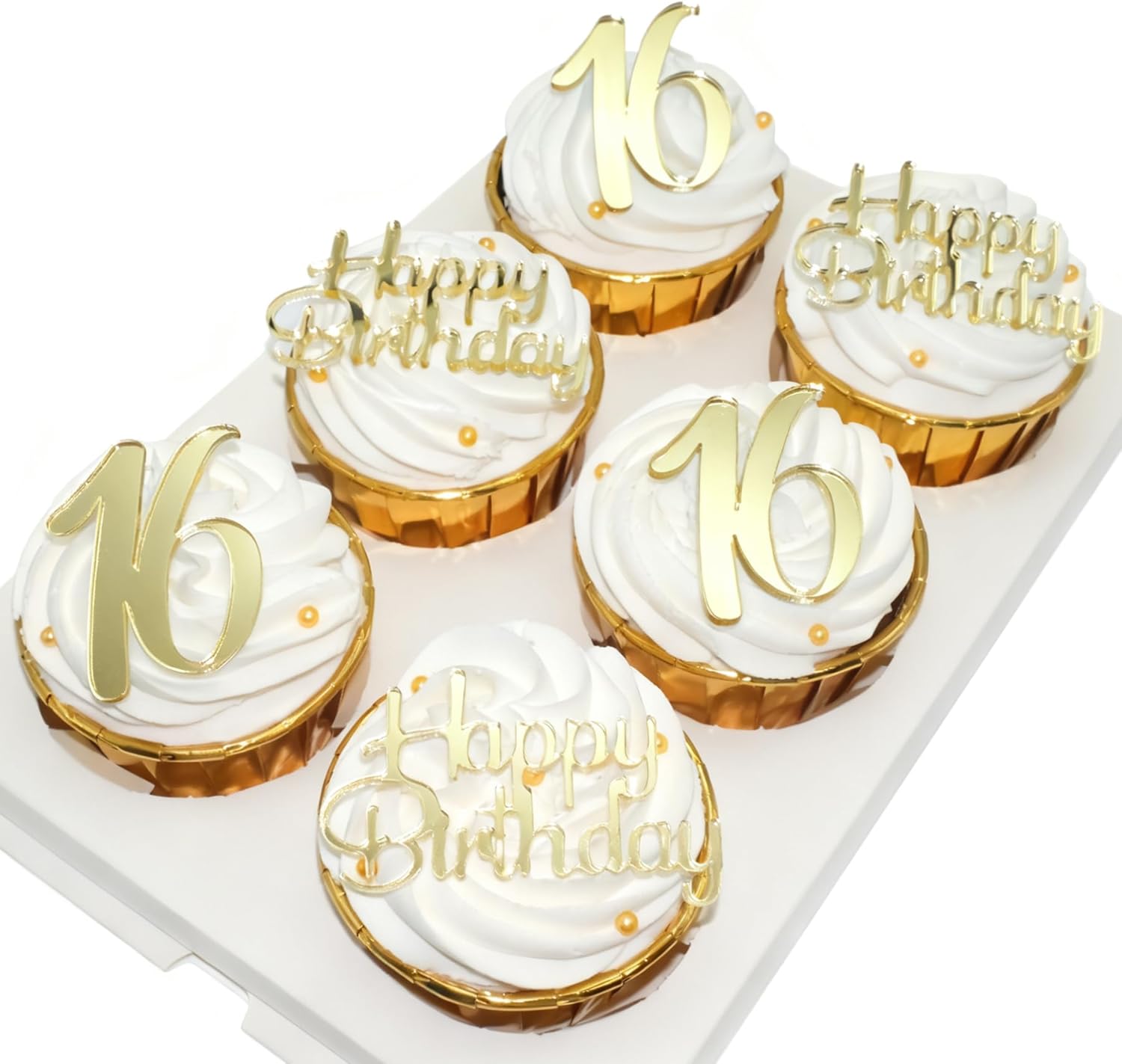 Happy Birthday Cupcake Party Decorations, Gold Mirror Acrylic，Acrylic Number Cupcake Topper,12 Pieces,16th Birthday Cake Toppers,16th Cupcake Topper,Sweet 16 (16th Birthday Cupcake)