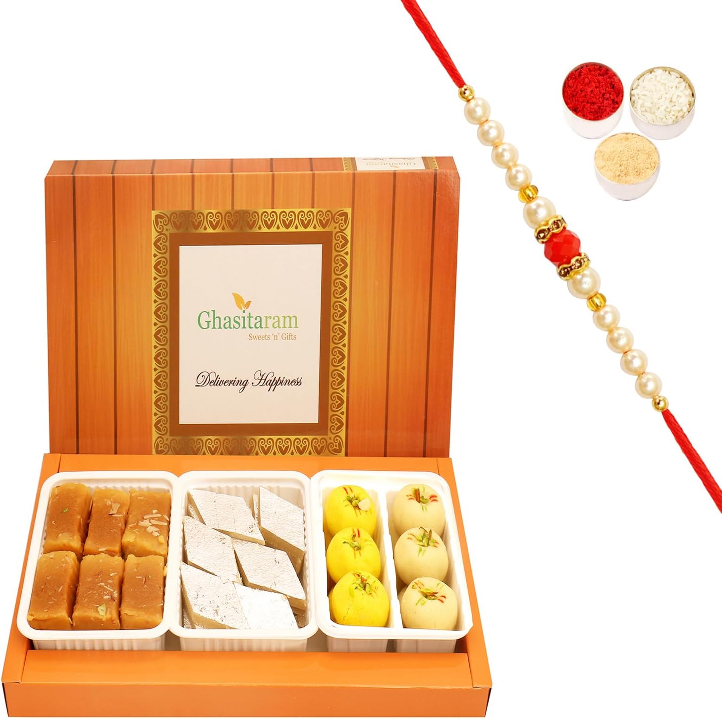 Ghasitaram Gifts Rakhi Gifts for Brothers Rakhi Sweets - Assorted Box of Kaju Katli, Mawa Peda and Mysore Pak with Pearl Beads Rakhi