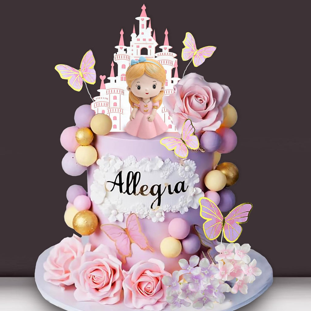 39 PCS Princess Cake Topper Castle Cake Decoration with Butterflies Artificial Flowers and Balls for Princess Birthday Supplies (Pink and Purple)
