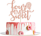 Four Ever Sweet Cake Topper - Happy 4th Birthday, 4th Anniversary, Cheers to 4 Years, Donut Fourth Birthday Party Decorations (Rose Gold Glitter)