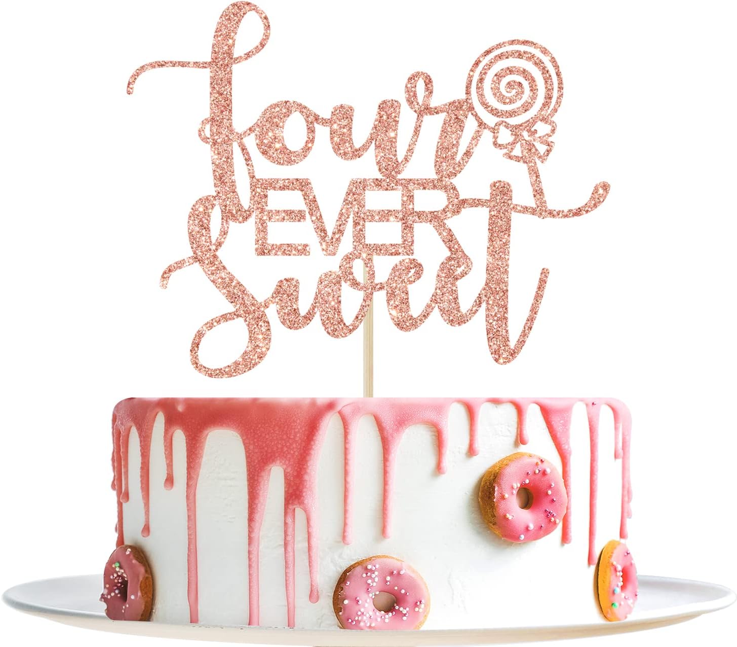Four Ever Sweet Cake Topper - Happy 4th Birthday, 4th Anniversary, Cheers to 4 Years, Donut Fourth Birthday Party Decorations (Rose Gold Glitter)