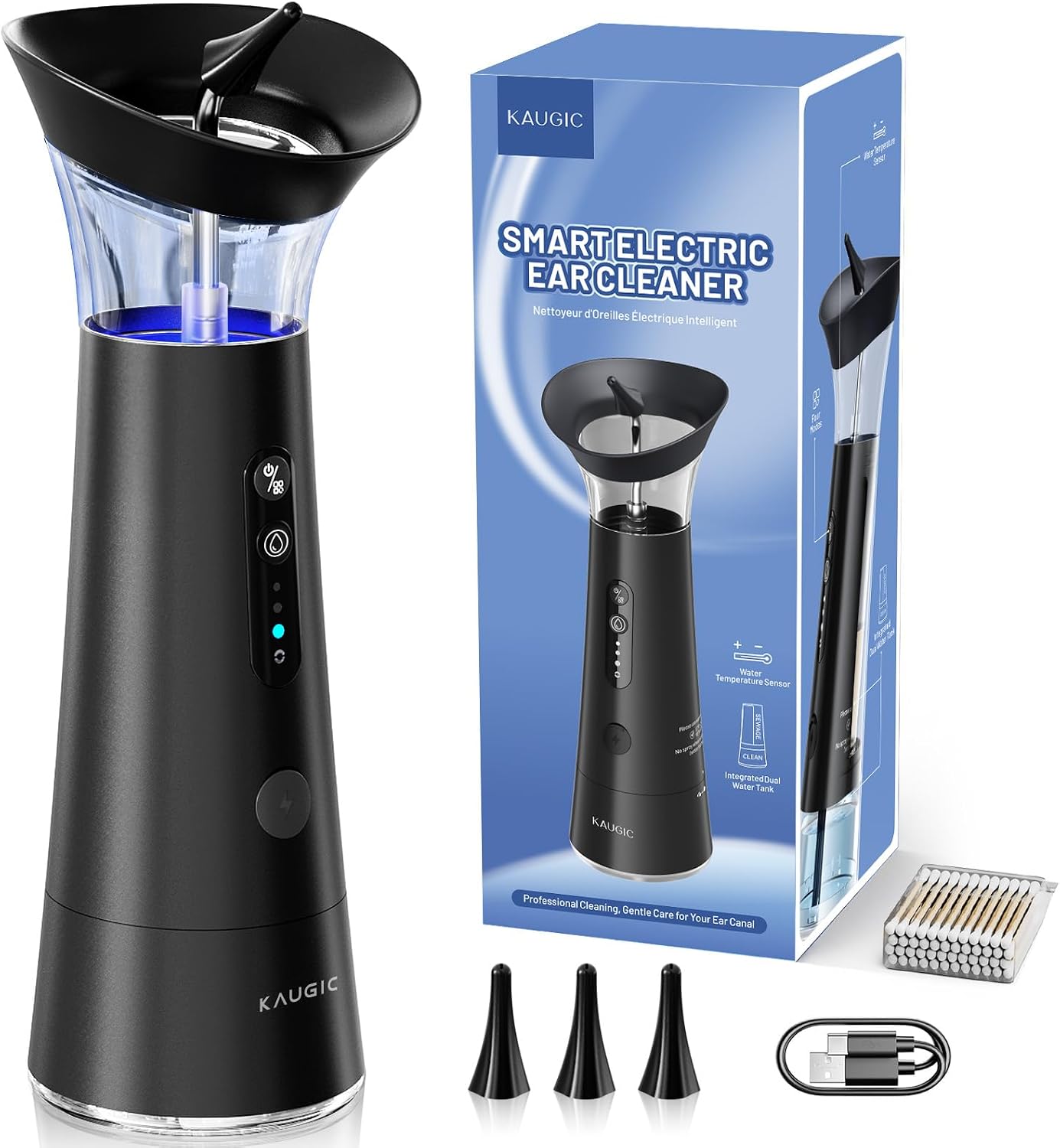 Ear Wax Removal with One-Piece Waste Tank, FSA-HSA-Eligible, Water Powered Ear Cleaner, Electric Ear Cleaning Kit with Water Temperature Sensor, Ear Irrigation Flushing System, Black