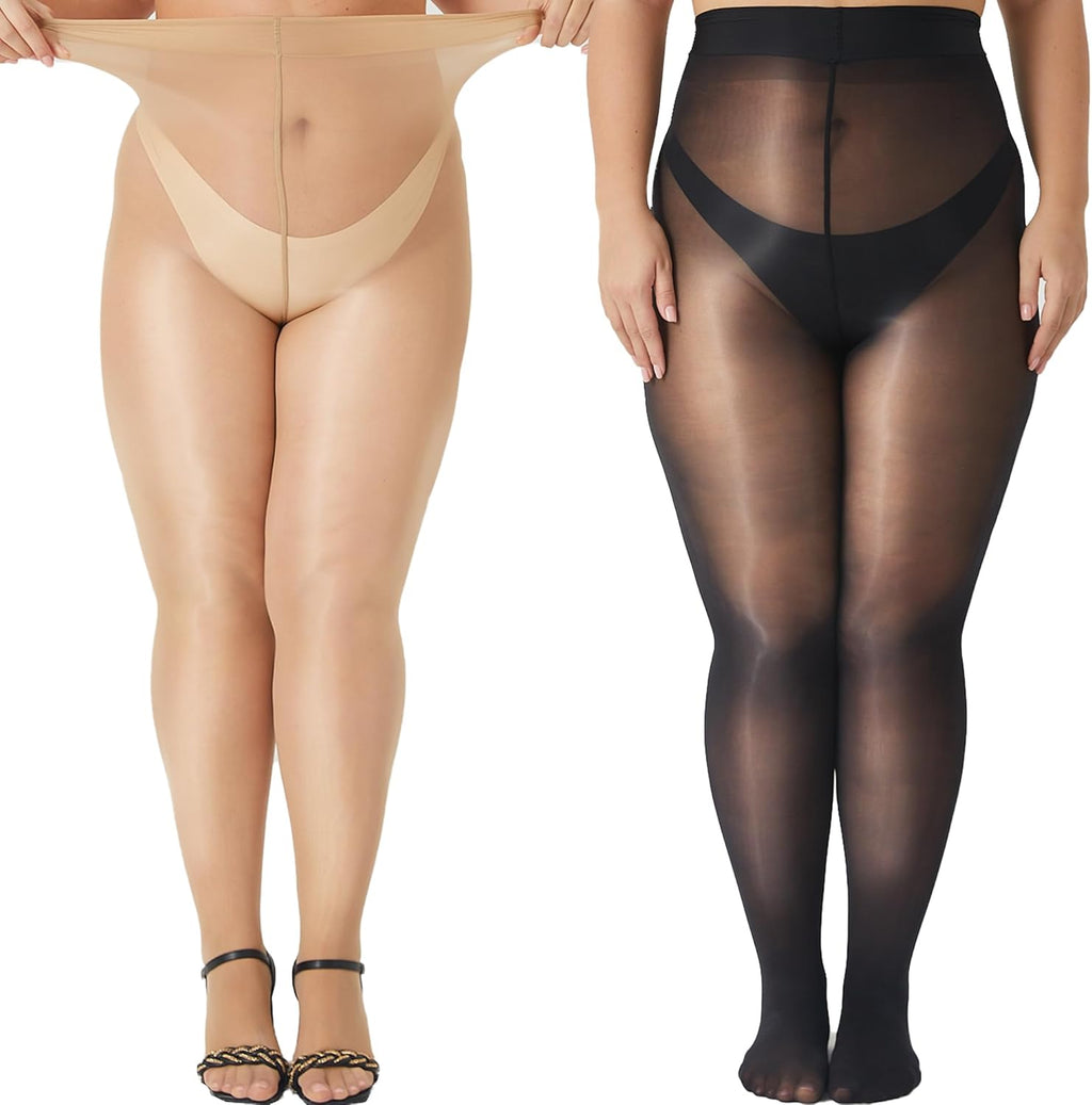 MANZI Women's Plus Size Shimmer Glossy Sheer Tights Seamless Shiny Silk reflections Pantyhose Oil Pearlescent Stockings