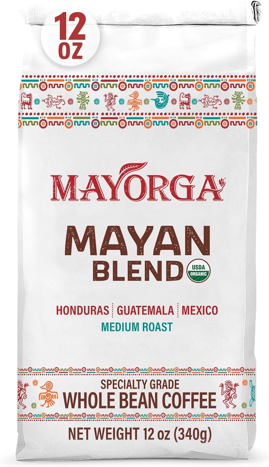 Mayorga Organic Coffee 12oz Mayan Blend - Medium Roast Whole Bean Specialty Grade Coffee, 100% Arabica, Slow Roasted, Chocolate and Floral Flavor with Low Acidity - USDA Organic, Non-GMO, Kosher