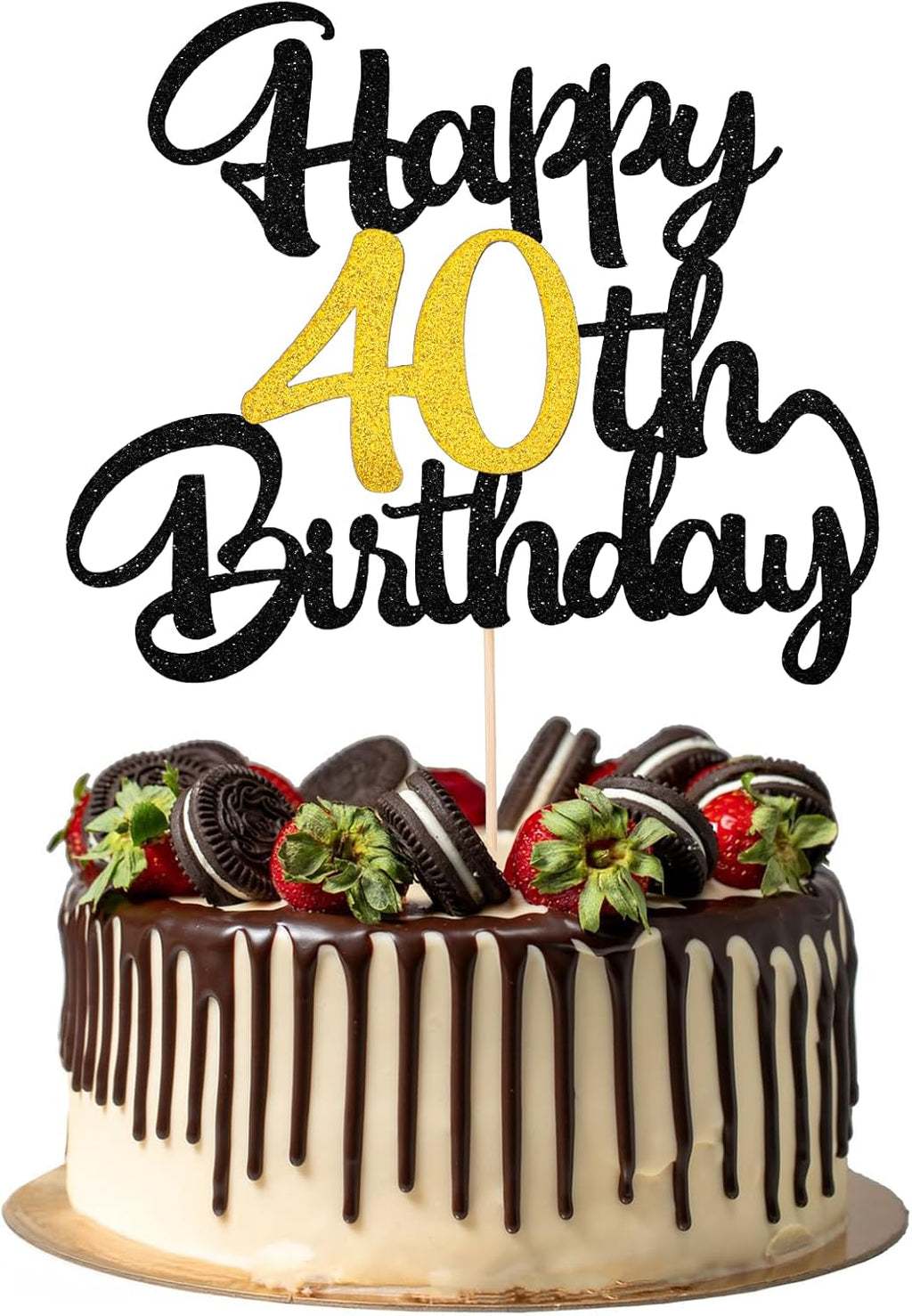 1 PCS Happy 40th Birthday Cake Topper, Black and Gold Glitter Cheers to 40 Years Cake Pick, 40 Fabulous Cakes Decoration for 40th Birthday Party Supplies for Women Men Anniversary