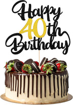 1 PCS Happy 40th Birthday Cake Topper, Black and Gold Glitter Cheers to 40 Years Cake Pick, 40 Fabulous Cakes Decoration for 40th Birthday Party Supplies for Women Men Anniversary