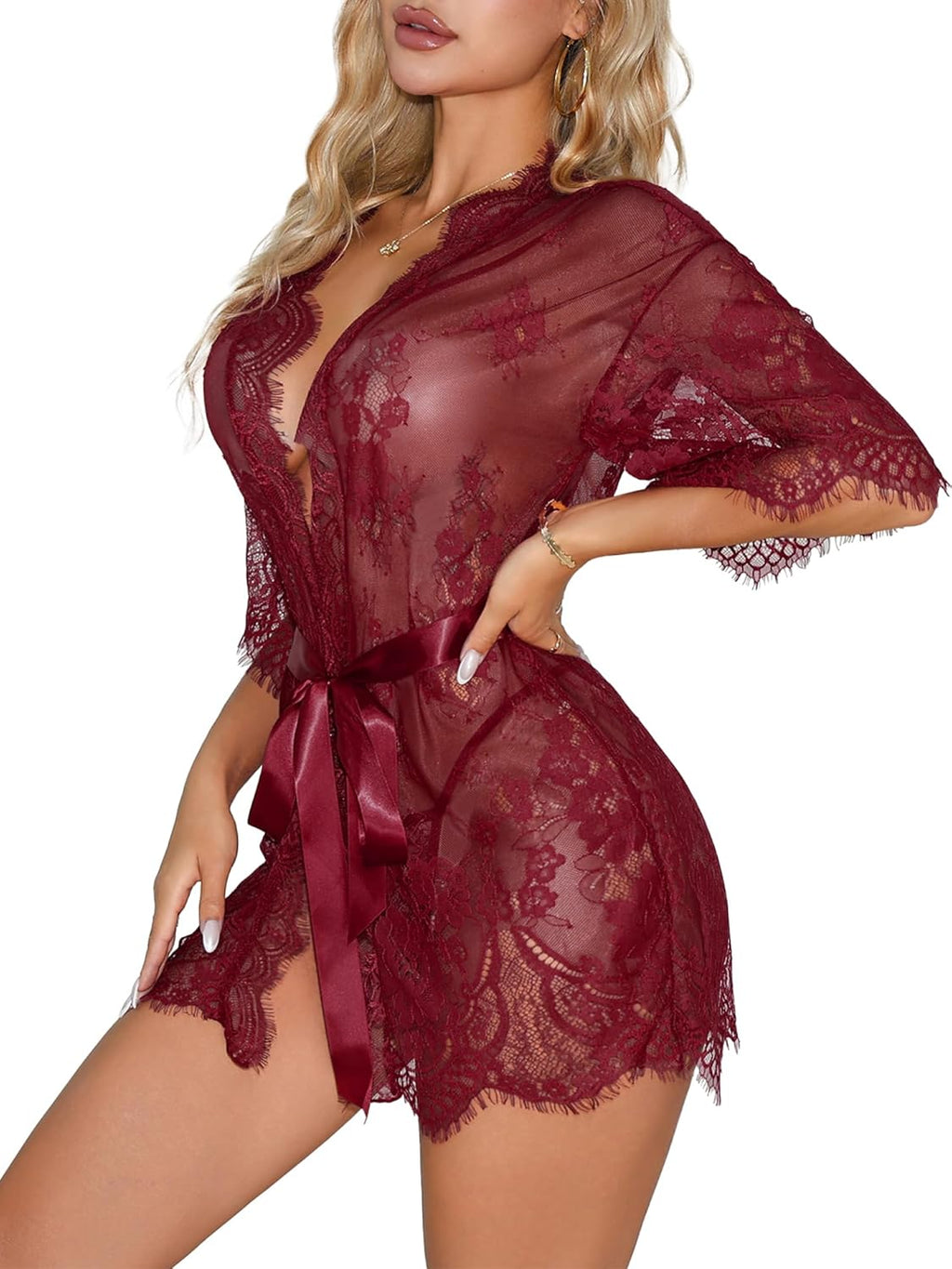 CRIPOM Sexy Robe Lace Kimono Dress Sheer Mesh Lingerie Sets For Women Sexy Robes For Women XS-3XL