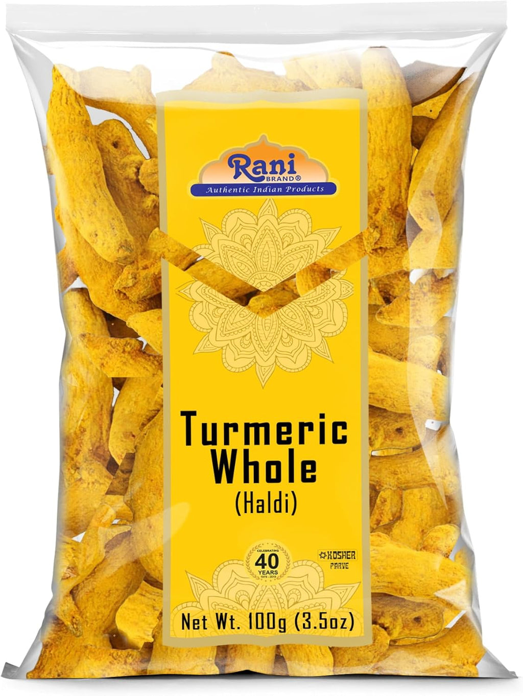Rani Turmeric (Haldi) Root Whole Spice, Dried 3.5oz (100g) ~ All Natural | 100% Pure | Vegan | Gluten Friendly | NON-GMO | Kosher | Indian Origin