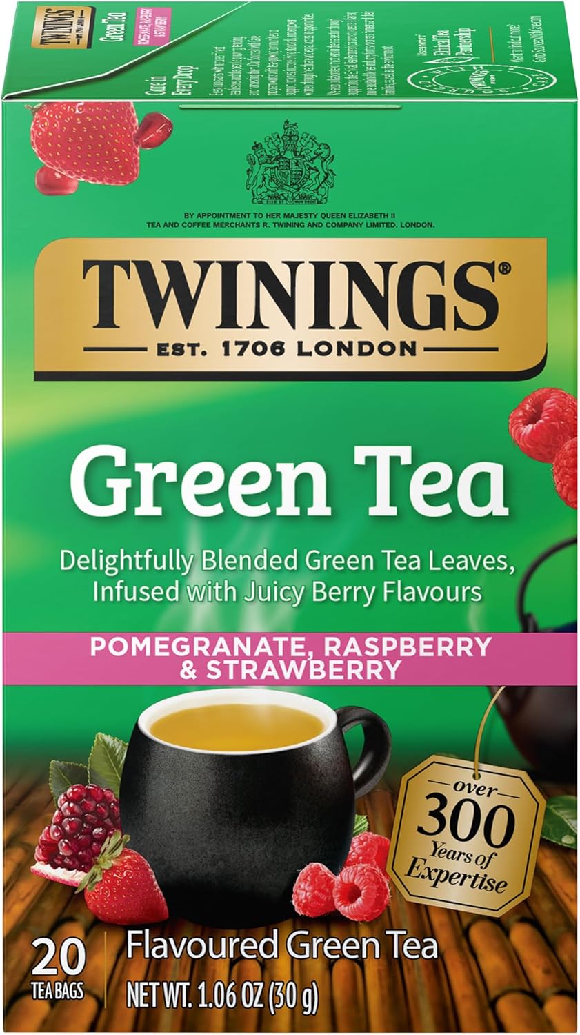 Twinings Green Tea with Pomegranate, Raspberry, & Strawberry Individually Wrapped Bags, 20 Count (Pack of 1), Caffeinated, Enjoy Hot or Iced, 20 Teabags