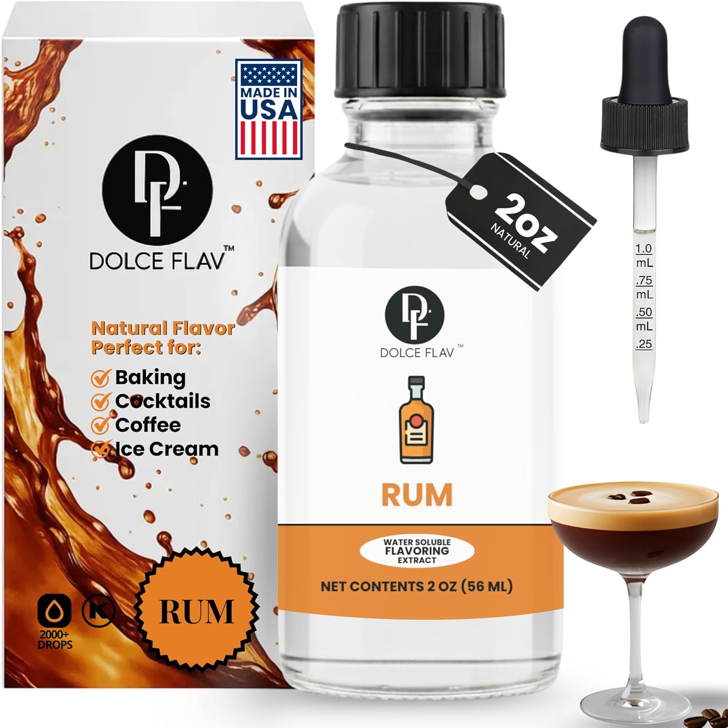 Dolce Flav Natural Rum Extract – 2 Ounce Water-Soluble Kosher, Sugar-Free, Concentrated Dark Rum Flavoring for Baking, Cocktails & Desserts, Includes Measured Dropper