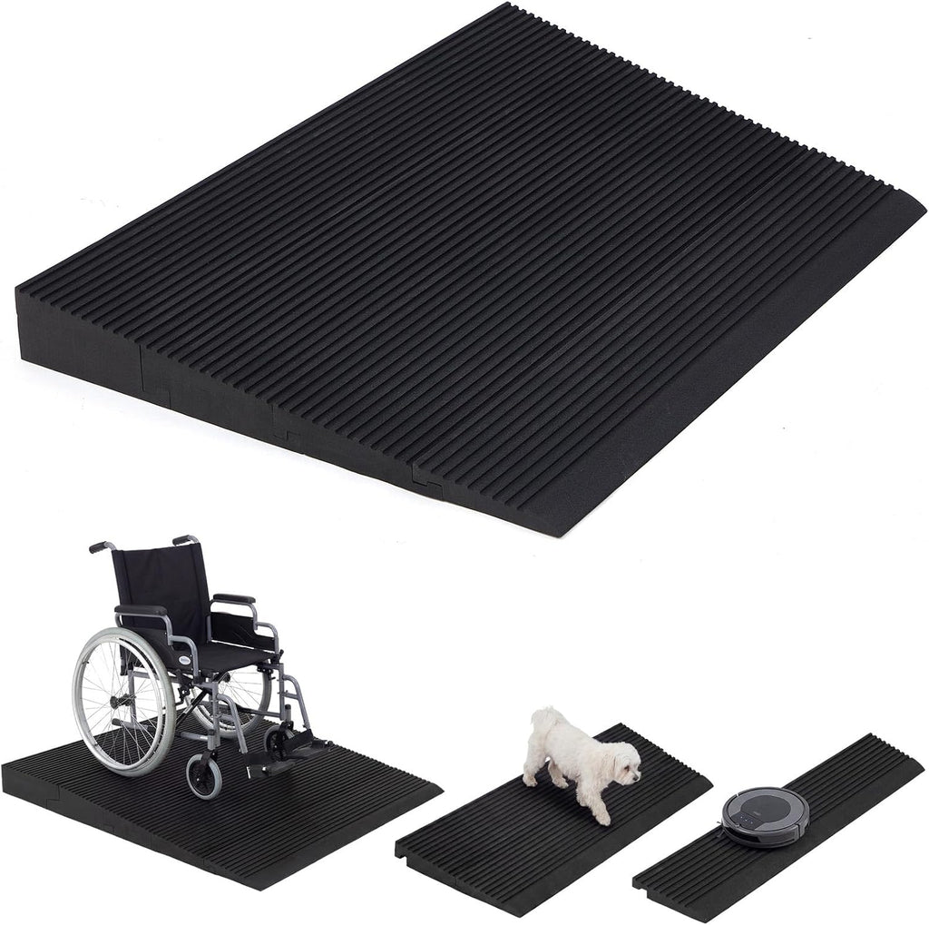 4 Piece Modular Rubber Threshold Ramp 1 to 4 Inch Rise Adjustable Doorway Ramp with Non Slip Grooved Surface for Wheelchair Scooter Cart Garage Entry Indoor Outdoor Use, 8000lbs