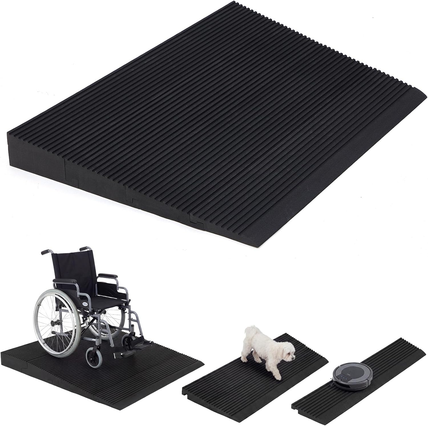 4 Piece Modular Rubber Threshold Ramp 1 to 4 Inch Rise Adjustable Doorway Ramp with Non Slip Grooved Surface for Wheelchair Scooter Cart Garage Entry Indoor Outdoor Use, 8000lbs