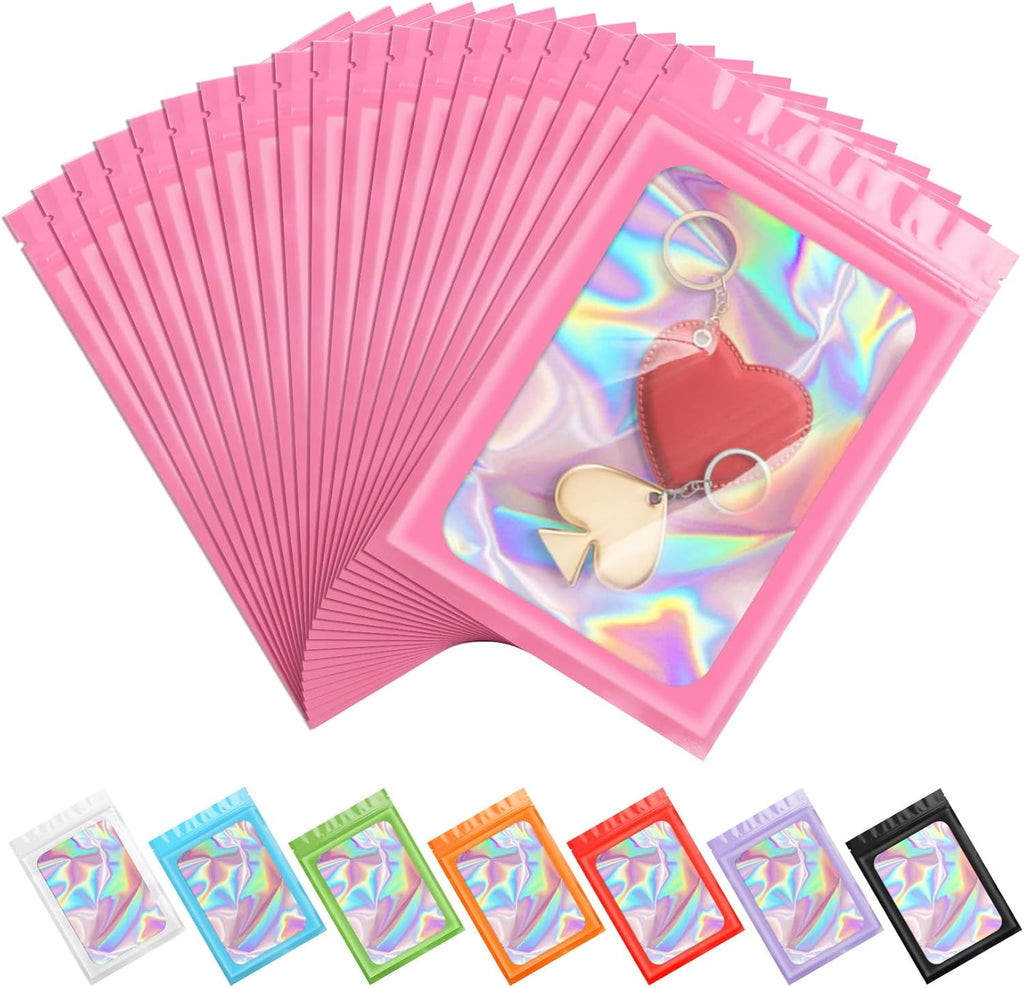 ANZNKU 100 Pack Holographic Mylar Bags, Smell Proof Sealable Packaging Bags with Clear Window for Small Business, Resealable Zip Bag for Candy Treat Jewelry Goodie Sample & Gifts (Pink, 2.4 x 3.9 in)