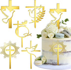 5 Pcs Gold Dove Cross Cake Toppers Acrylic Baptism First Communion Cake Decorations Supplies for Baby Shower Birthday Wedding Party Christian