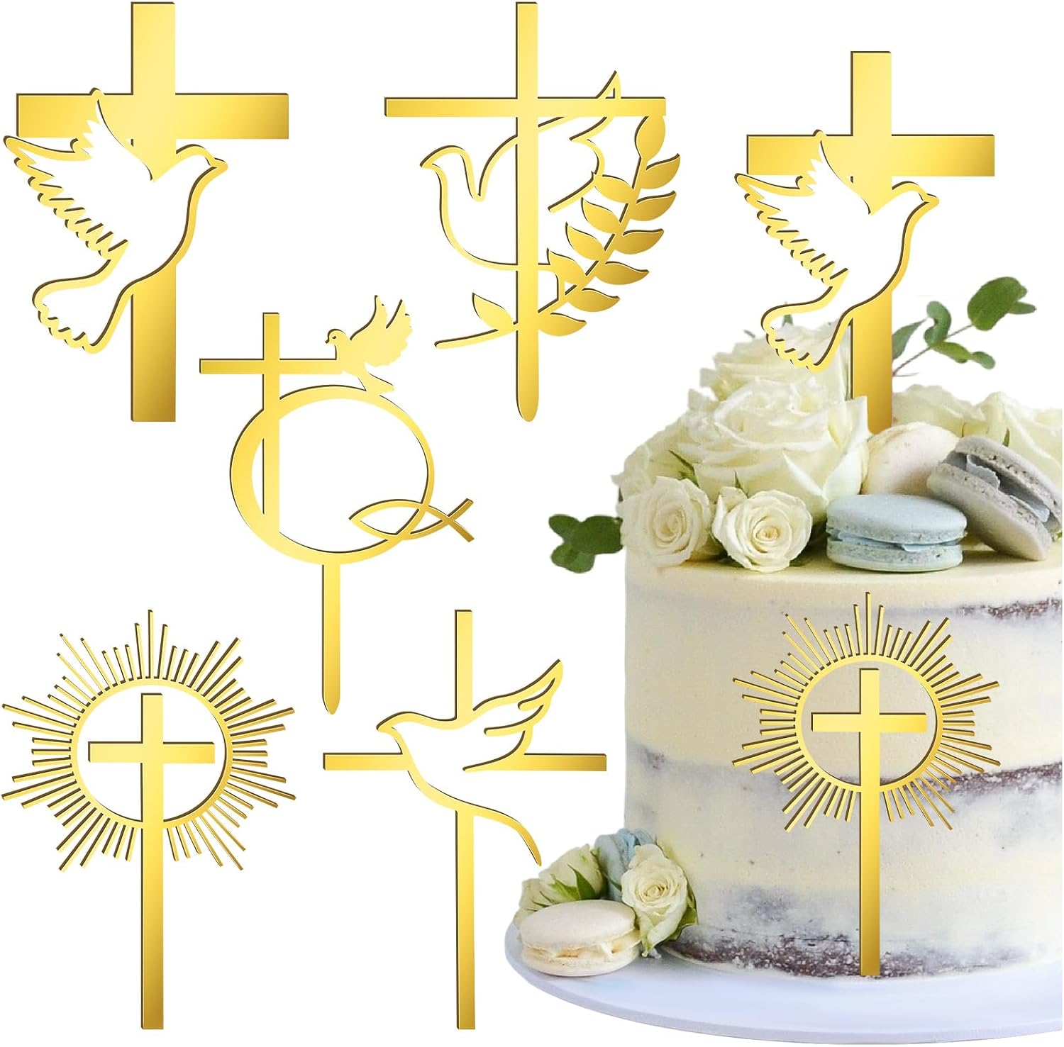 5 Pcs Gold Dove Cross Cake Toppers Acrylic Baptism First Communion Cake Decorations Supplies for Baby Shower Birthday Wedding Party Christian