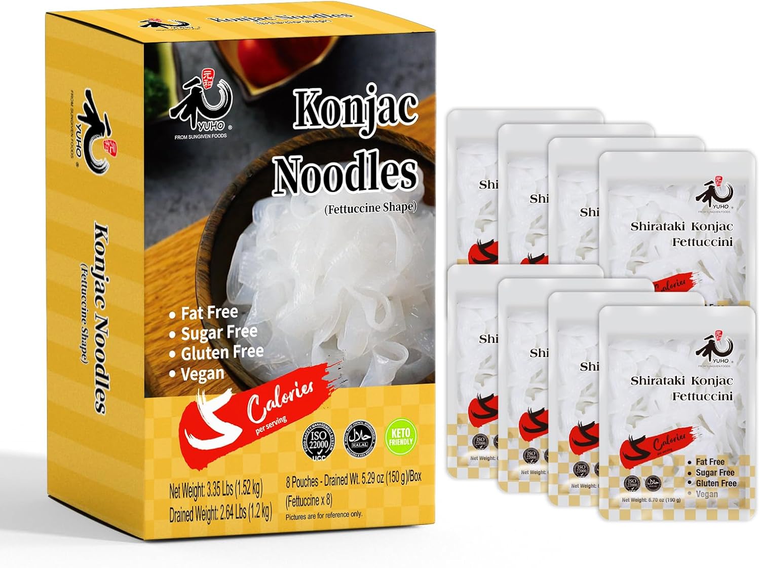 YUHO Shirataki Konjac Noodles Fettuccine Keto Pasta Gluten Free Low Carbs Vegan Fat Free Plant Based Noodle for Quick Dinner Meals, 8 Pack Inside, 53.61 Oz