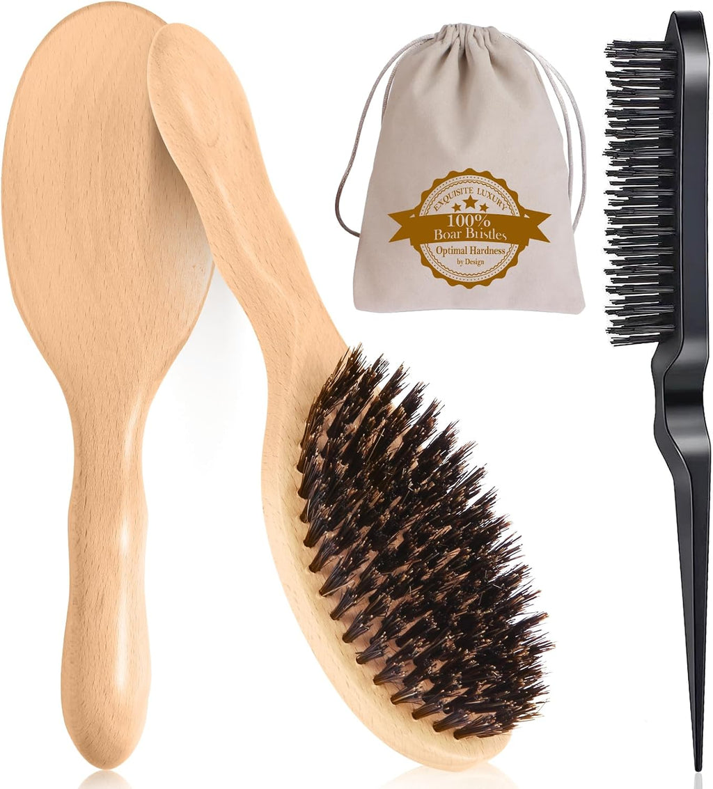 Boar Bristle Hair Brush, 100% Pure Boar Bristles Natural Wooden Slick Back Hairbrush Detangling Women Men Kids Thin Fine Hair, Reduce Frizz Smooth & Shine