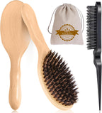 Boar Bristle Hair Brush, 100% Pure Boar Bristles Natural Wooden Slick Back Hairbrush Detangling Women Men Kids Thin Fine Hair, Reduce Frizz Smooth & Shine