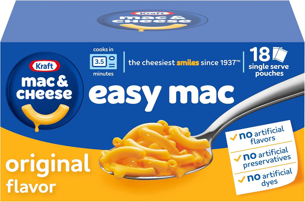 Kraft Easy Mac and Cheese, 18 Packets, for Easy Dinner or Dinner Sides, Original Flavor, No Artificial Flavors, Preservatives or Dyes, 38.7 oz