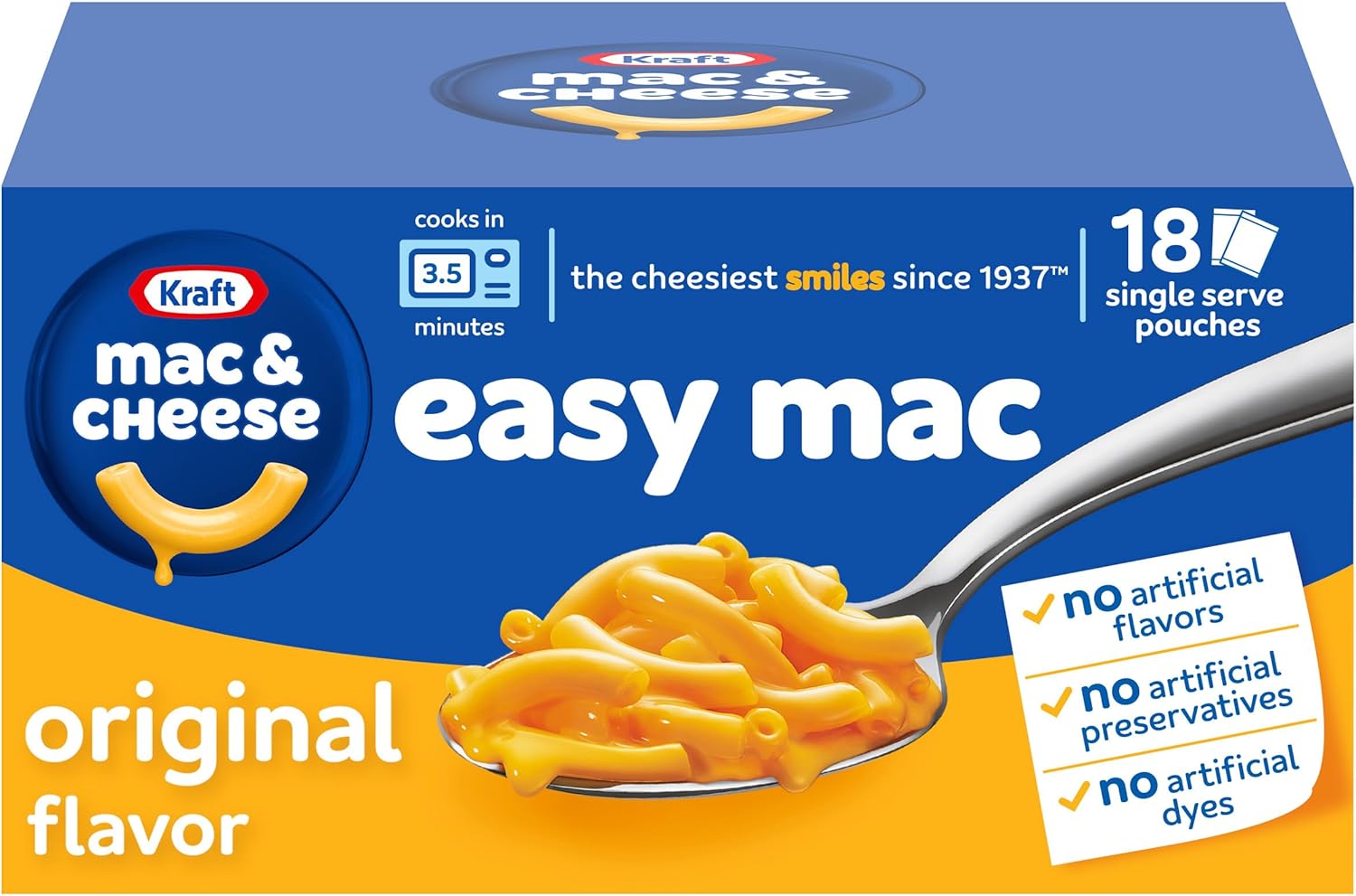 Kraft Easy Mac and Cheese, 18 Packets, for Easy Dinner or Dinner Sides, Original Flavor, No Artificial Flavors, Preservatives or Dyes, 38.7 oz