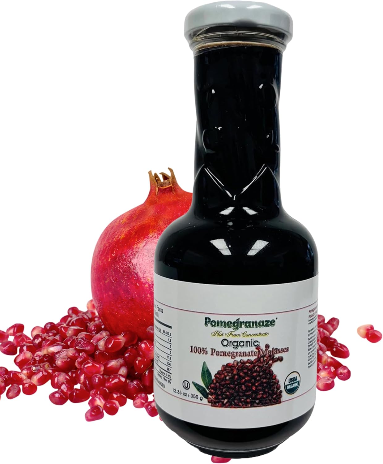 100% Organic Pomegranate Molasses 12.35 Oz Glass Bottle, No Sugar Added, Vegan, NON GMO, Gluten Free and Kosher