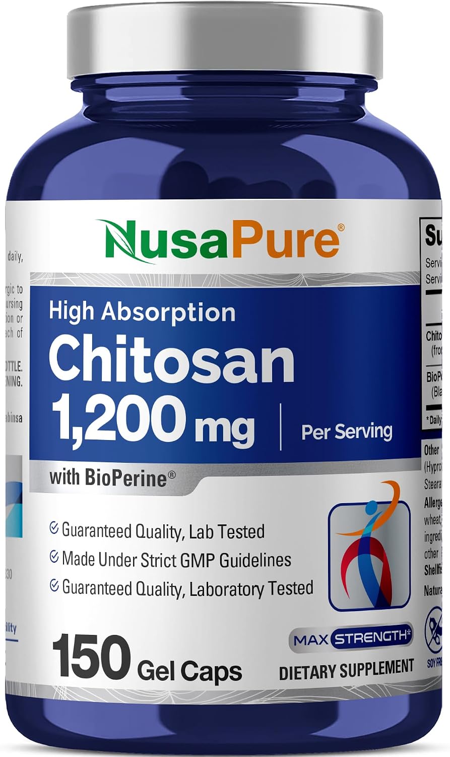 NusaPure Chitosan 1200mg 150 Caps (Non-GMO & Soyfree) with Bioperine