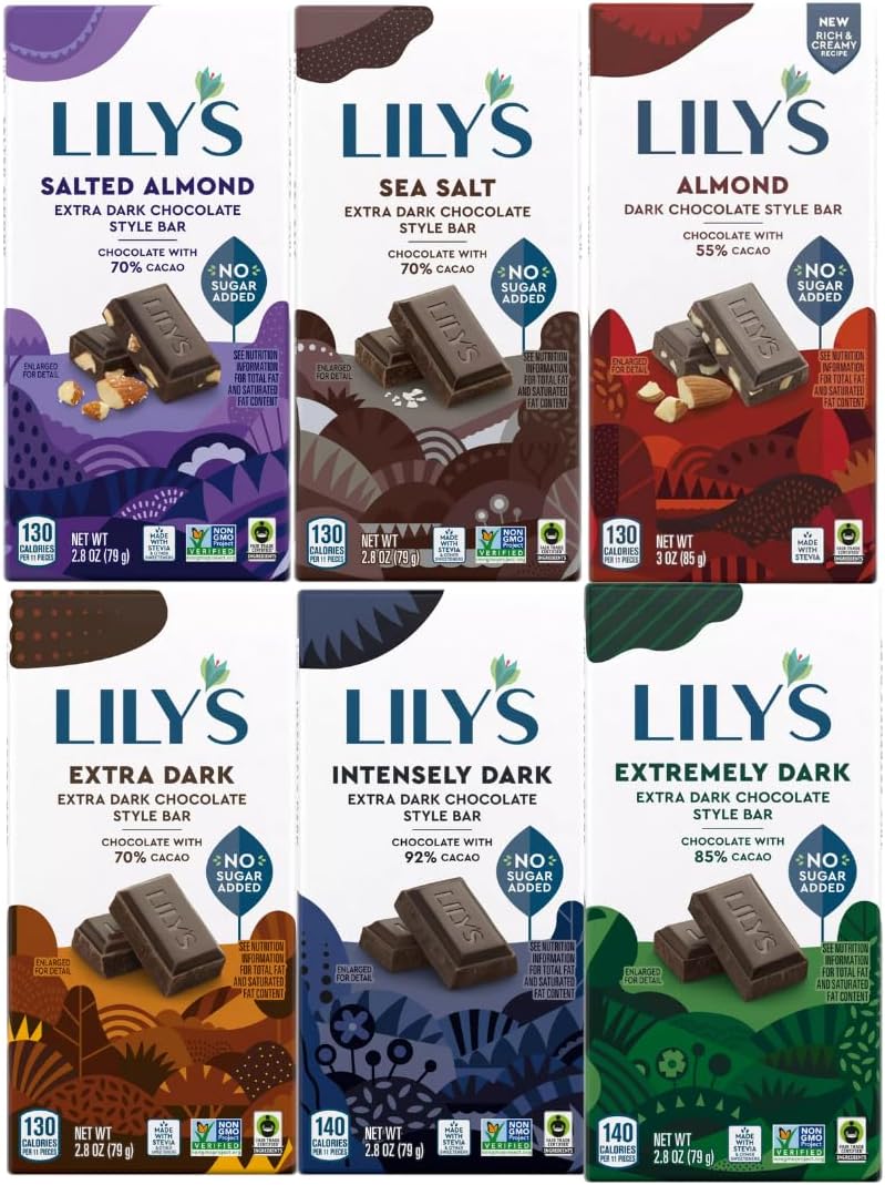 Lily’s Dark Chocolate Lovers Variety Pack – 6 Pack (Dark Almond, Etra Dark 70%, Dark 70% Sea Salt, Salted Almond, 85%, Intensely Dark 92%)