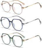 bullabulling 3 Pack Retro Polygon Reading Glasses For Women Blue Light Blocking Oversized Eyeglass Frames Large lens