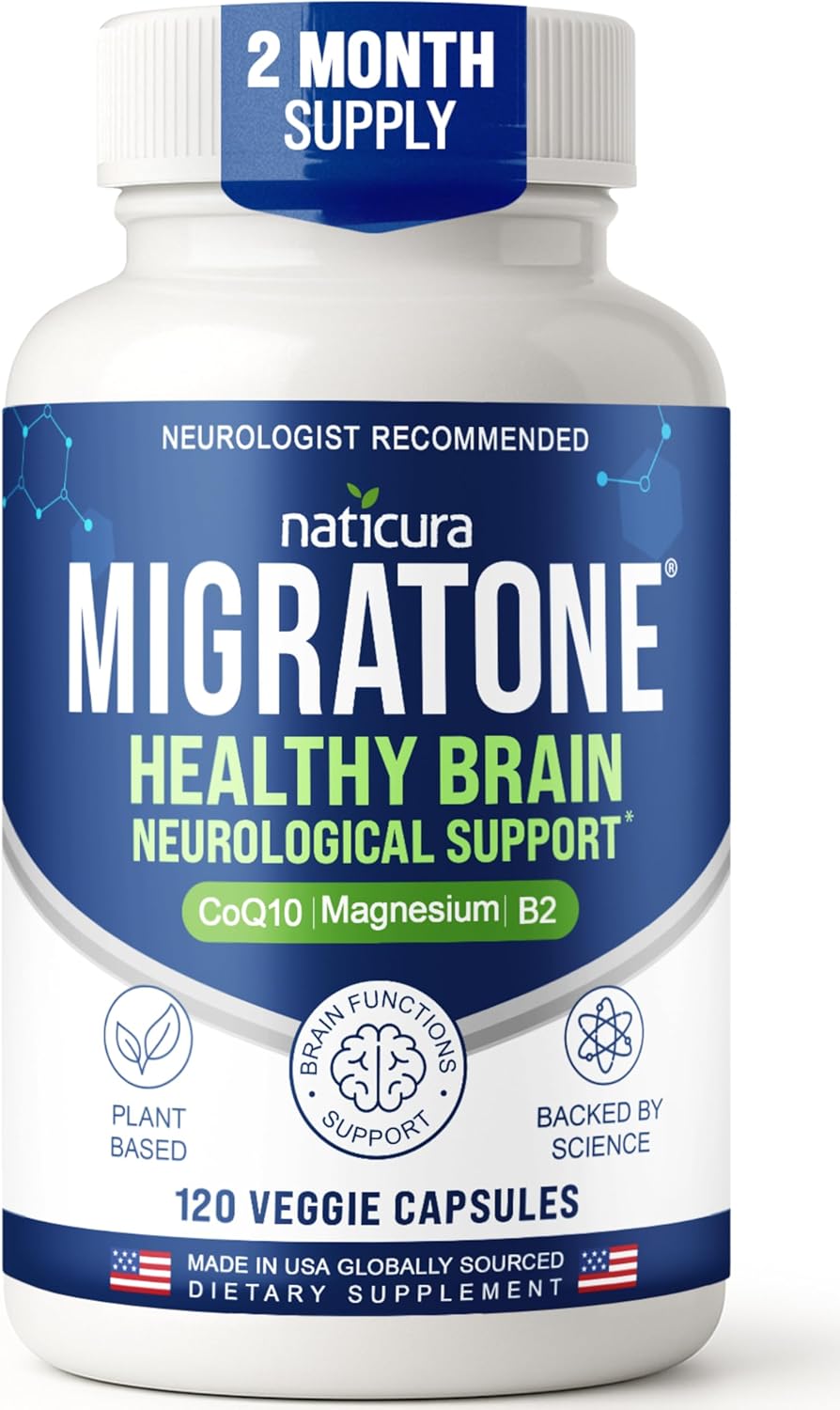 Migratone Migraine Relief Nutritional Support Supplement - with Magnesium, Riboflavin Vitamin B2, B6 & B12, Microactive Coq10, Feverfew, PA-Free Butterbur, and Folate - Clinically Preferred Blend