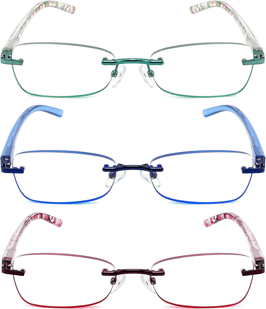 3 Pack Reading Glasses for Women Blue Light Blocking, Anti Eyestrain/UV 400 Filter Readers with Spring Hinge, Lightweight Rimless Tinted Metal Blue Rays Eyeglasses (200)