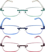 3 Pack Reading Glasses for Women Blue Light Blocking, Anti Eyestrain/UV 400 Filter Readers with Spring Hinge, Lightweight Rimless Tinted Metal Blue Rays Eyeglasses (200)