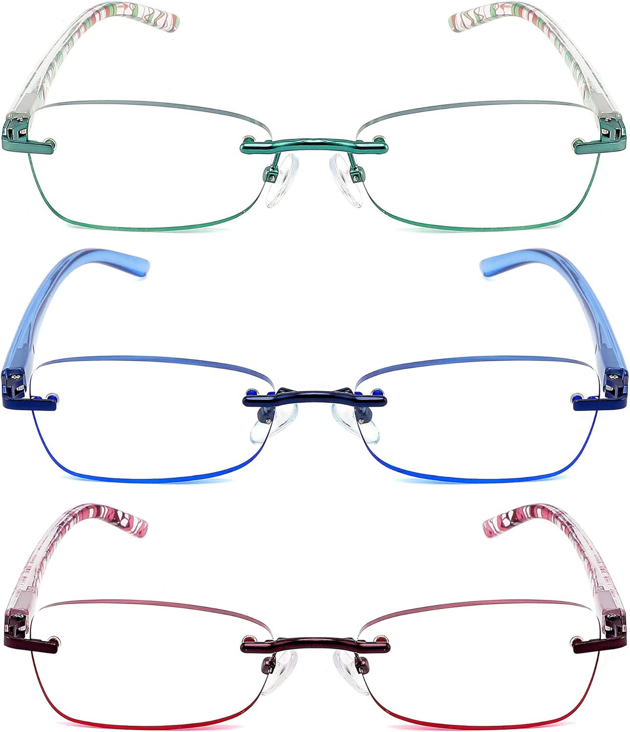 3 Pack Reading Glasses for Women Blue Light Blocking, Anti Eyestrain/UV 400 Filter Readers with Spring Hinge, Lightweight Rimless Tinted Metal Blue Rays Eyeglasses (200)