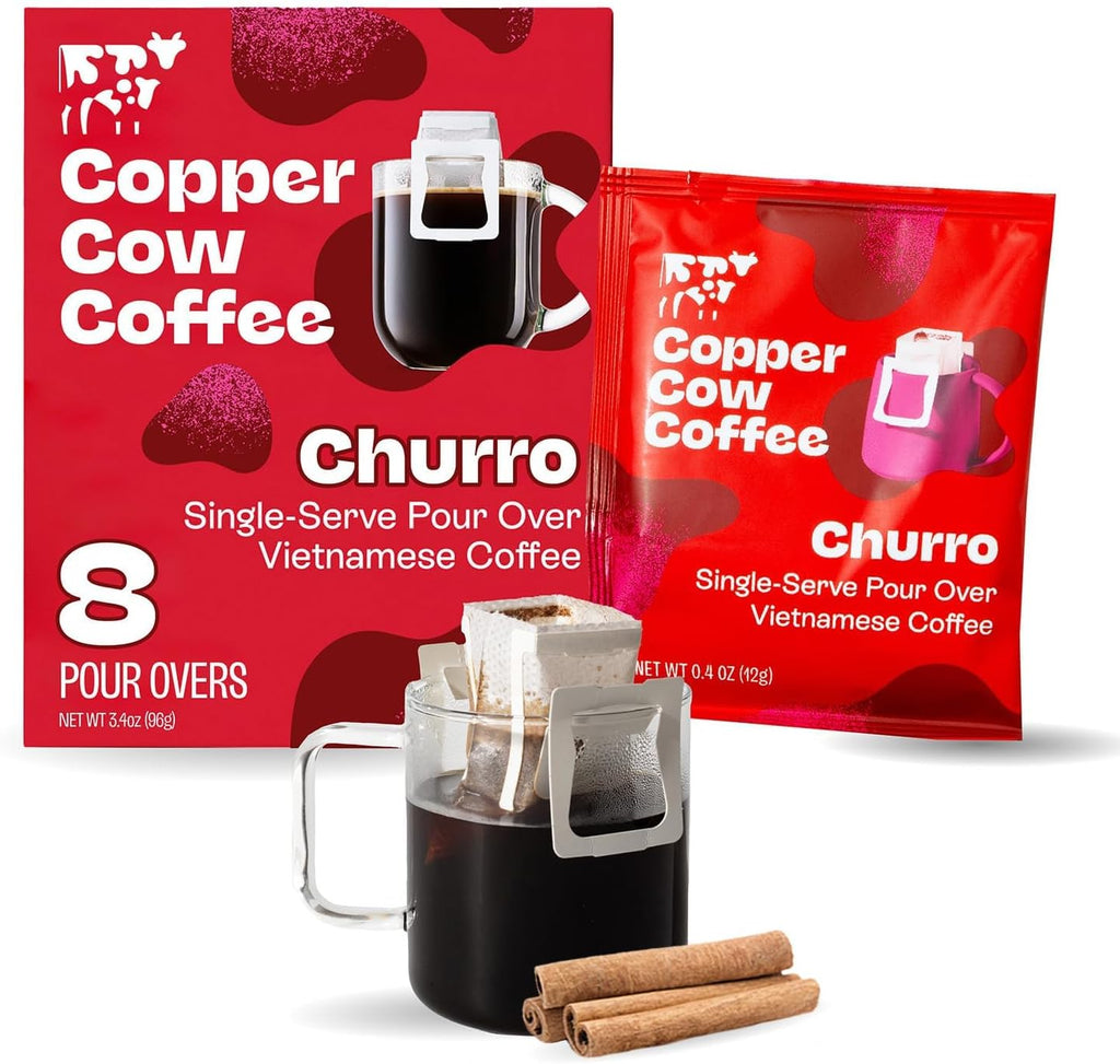 Copper Cow Coffee Premium Pour Over Single-Serve Vietnamese Coffee Pouches (8 pack) | Churro | Dark Roast | Flavored with Real Cinnamon | Convenient Vietnamese Ground Coffee Packets, Travel Friendly