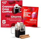 Copper Cow Coffee Premium Pour Over Single-Serve Vietnamese Coffee Pouches (8 pack) | Churro | Dark Roast | Flavored with Real Cinnamon | Convenient Vietnamese Ground Coffee Packets, Travel Friendly