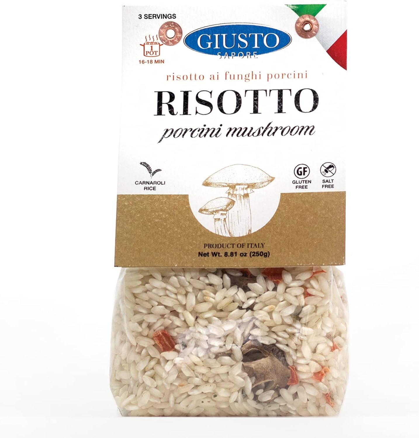 Giusto Sapore Italian Risotto - Porcini Mushroom - All Natural, Gluten Free, No Added Salt - Premium Gourmet 3-4 Serving Size, 8.81 oz - Imported from Italy and Family Owned