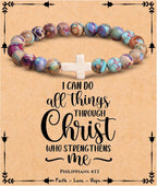 JoycuFF 𝗖𝗵𝗿𝗶𝘀𝘁𝗶𝗮𝗻 𝗚𝗶𝗳𝘁𝘀, Cross Bracelets for Women, Faith Religious Easter Catholic Christian Jewelry, Meaningful Baptism Communion Confirmation Natural Stone Bracelets for Women