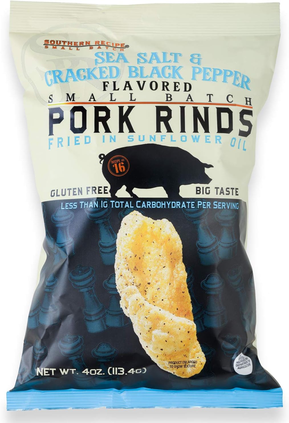 Sea Salt & Cracked Black Pepper Pork Rinds | Southern Recipe Small Batch | Keto Friendly, Gluten Free, Low Carb Food | 7g Collagen Per Serving | High Protein | 4 Oz Bag