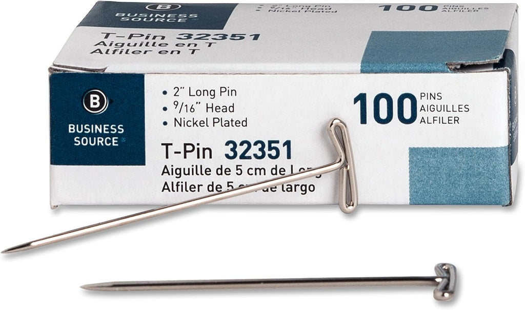 Business Source 32351 T-Pins, 9/16 in. Head Width, 2 in. Length, 100/BX, Silver