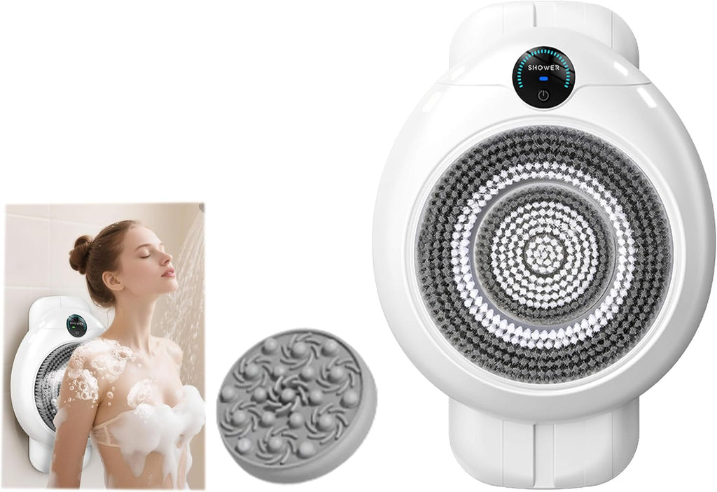 Electric Back Scrubber for Shower - Smart Wall Mounted Automatic Body Scrubber, IPX7 Waterproof, 3 Speeds & Adjustable Height, with 3 Replaceable Brush Heads for Deep Cleansing & Exfoliation