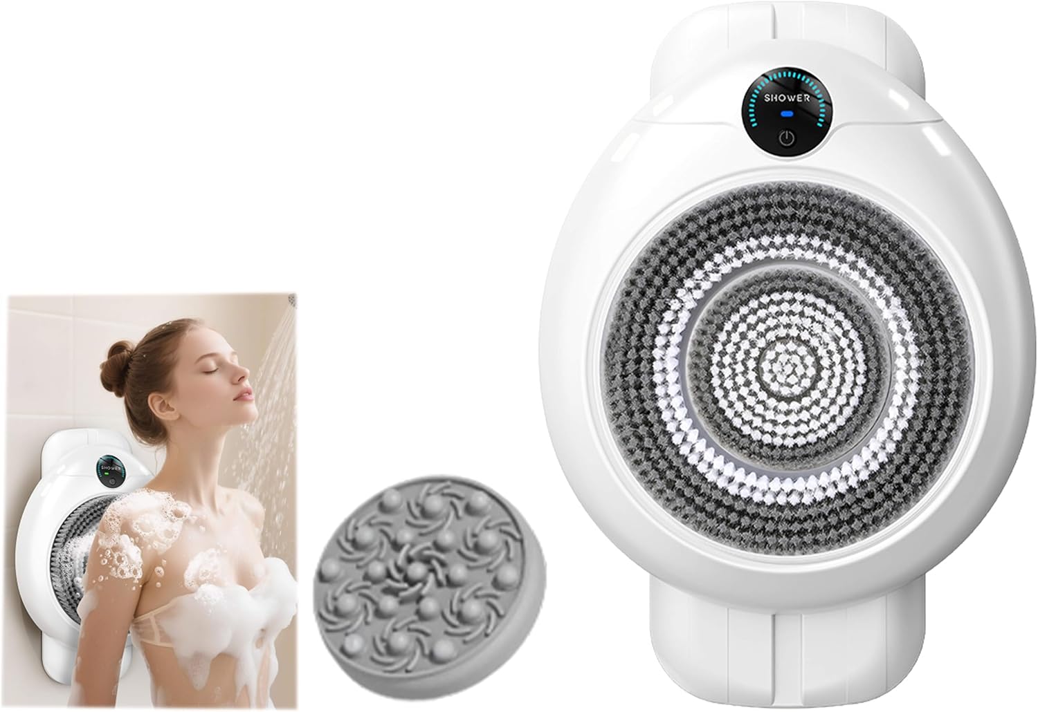 Electric Back Scrubber for Shower - Smart Wall Mounted Automatic Body Scrubber, IPX7 Waterproof, 3 Speeds & Adjustable Height, with 3 Replaceable Brush Heads for Deep Cleansing & Exfoliation