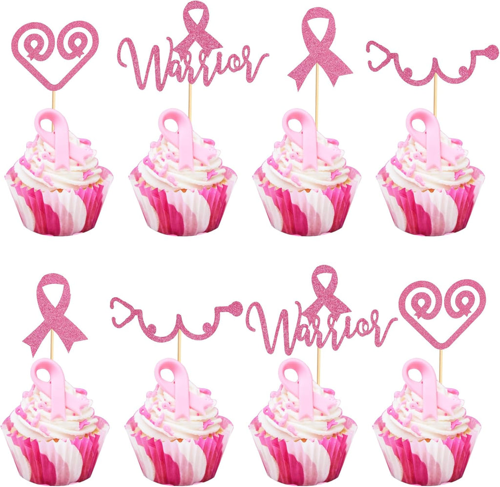 24Pcs Breast Cancer Awareness Cupcake Toppers Glitter Pink Ribbon Fight Beliveve Hope Cupcake Picks Decorations for Pink Ribbon Party Cake Decorations Supplies - Pink Glitter
