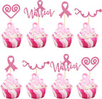 24Pcs Breast Cancer Awareness Cupcake Toppers Glitter Pink Ribbon Fight Beliveve Hope Cupcake Picks Decorations for Pink Ribbon Party Cake Decorations Supplies - Pink Glitter