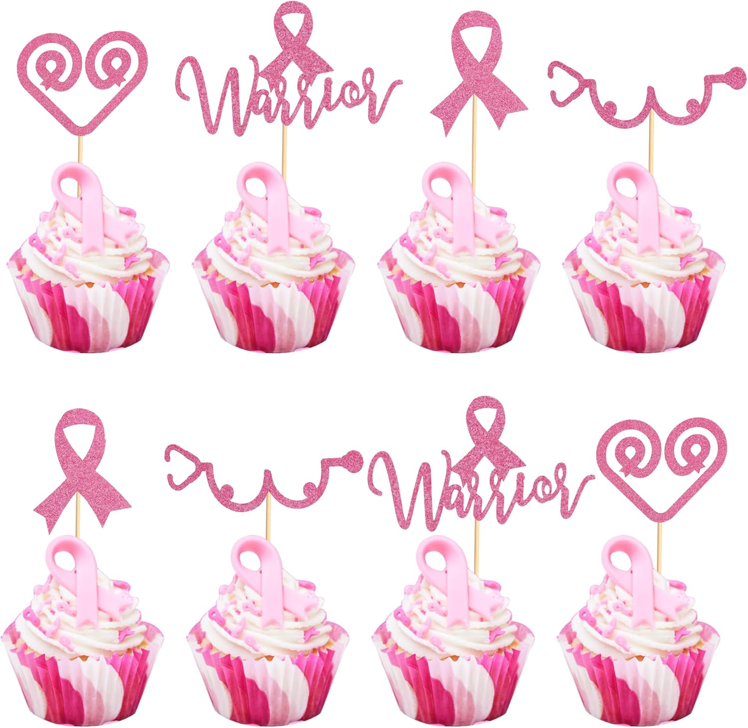 24Pcs Breast Cancer Awareness Cupcake Toppers Glitter Pink Ribbon Fight Beliveve Hope Cupcake Picks Decorations for Pink Ribbon Party Cake Decorations Supplies - Pink Glitter