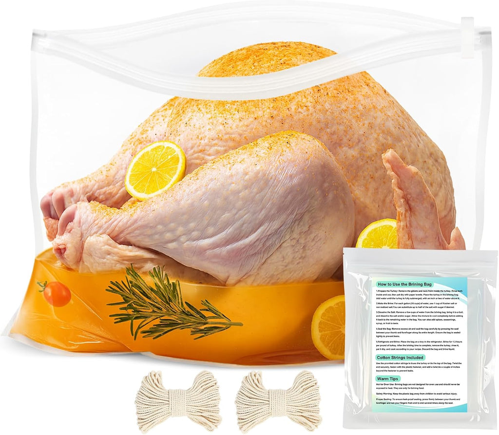 YQL Brining Bags - 4 Pack, 22"x26", Holds Up to 35lb with Cotton Strings, Double Zipper Seal, Ideal for Turkey, Chicken, Pork, Ham, Large Roasts, Brining& Marinating